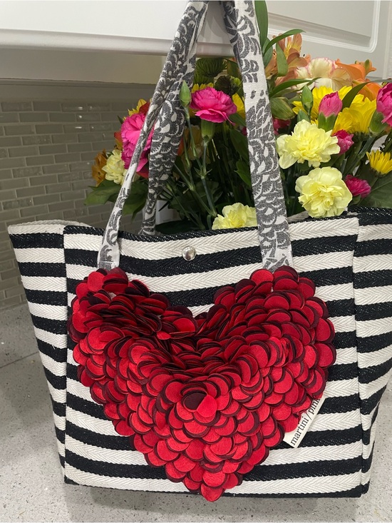 Martini Pink Handbags - Handmade by Martini Pink Striped Tote Bag with dimensional Red Heart and Rose.